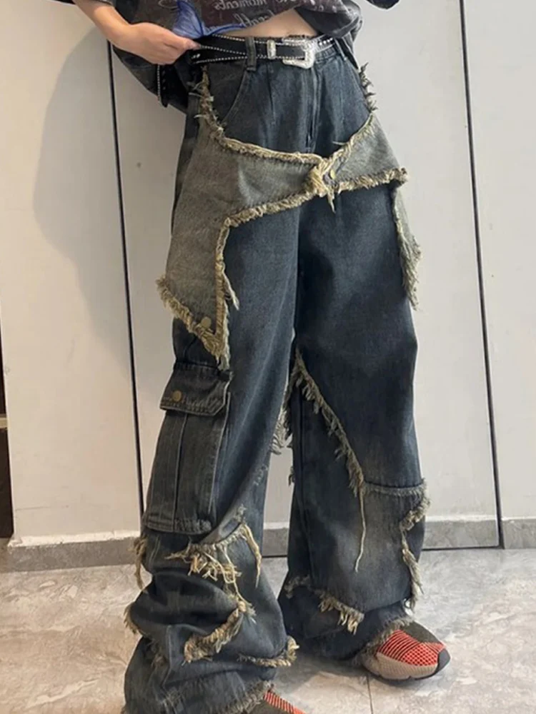 

Cargo Jeans Pants Women Street Loose Oversize Panelled Pentacle Raw Hem Pant 2023 Vintage Blue Hip Hop Female Denim Trousers