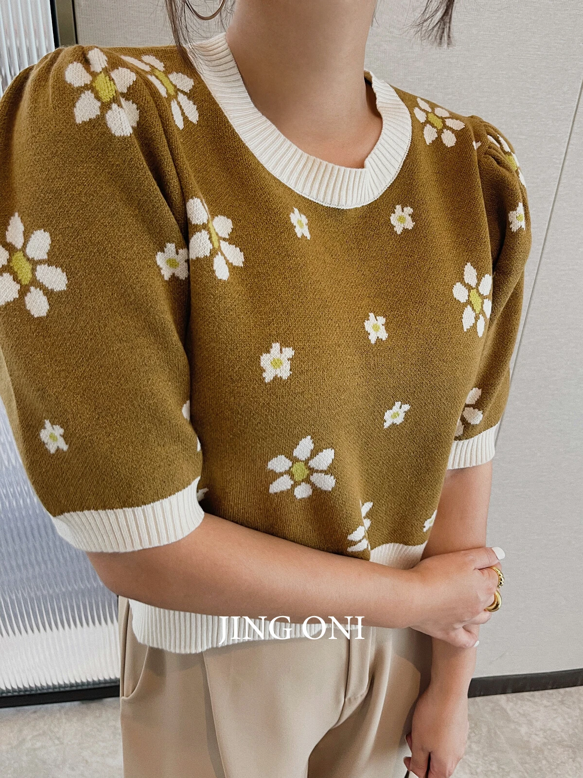 

Floral Sweater Y2k Woman 2023 Clothing Korean Style Vintage Autumn Elegant Fashion Puff Sleeve Top Crop Knit Pullover Blouse New