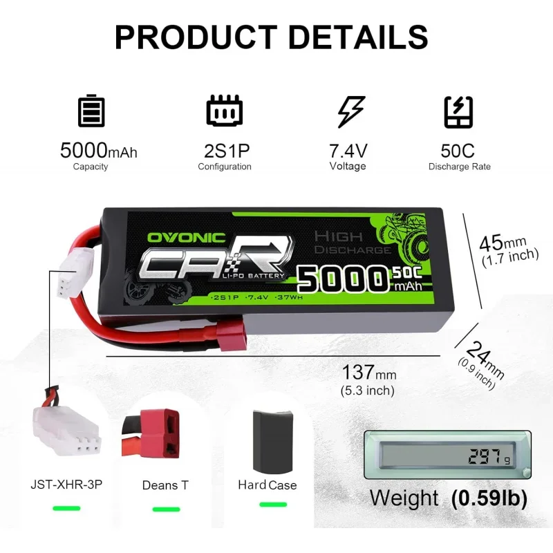 High-Performance 7.4V 5000mAh 50C 2S Lipo Battery Pack with HardCase and Deans T Plug for RC Vehicles