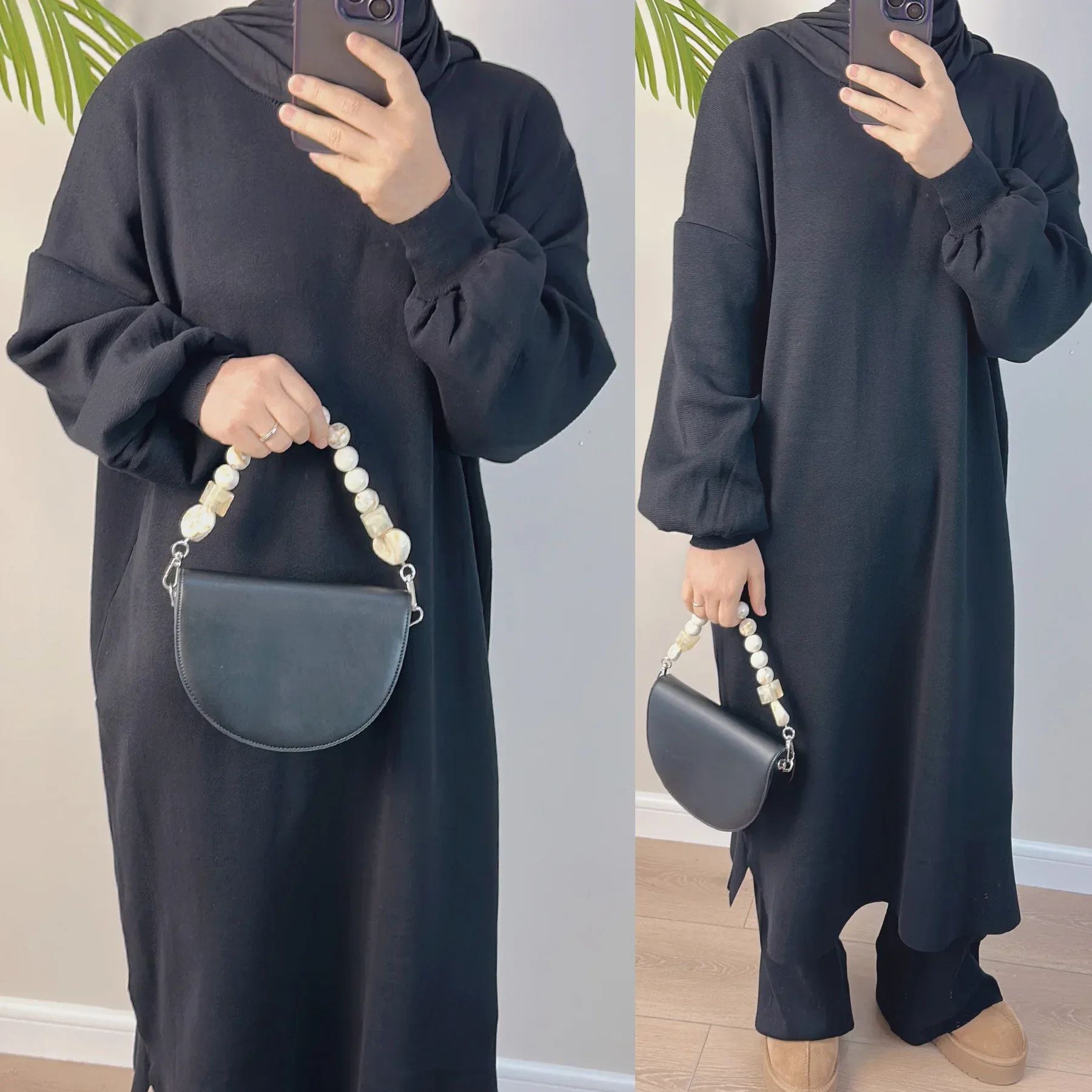 Muslim Woman Winter Set 2 Pieces Matching Knit Pants and Sweater Sets Long Plain Top Pullover Dress Autumn Islam Modest Clothes
