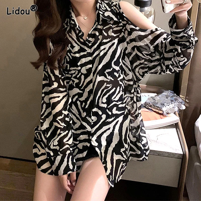 Off-the-shoulder Lace-up Print Zebra Pattern Women Shirt Single Breasted Turn-down Collar Women's Clothing Korean Spring Summer