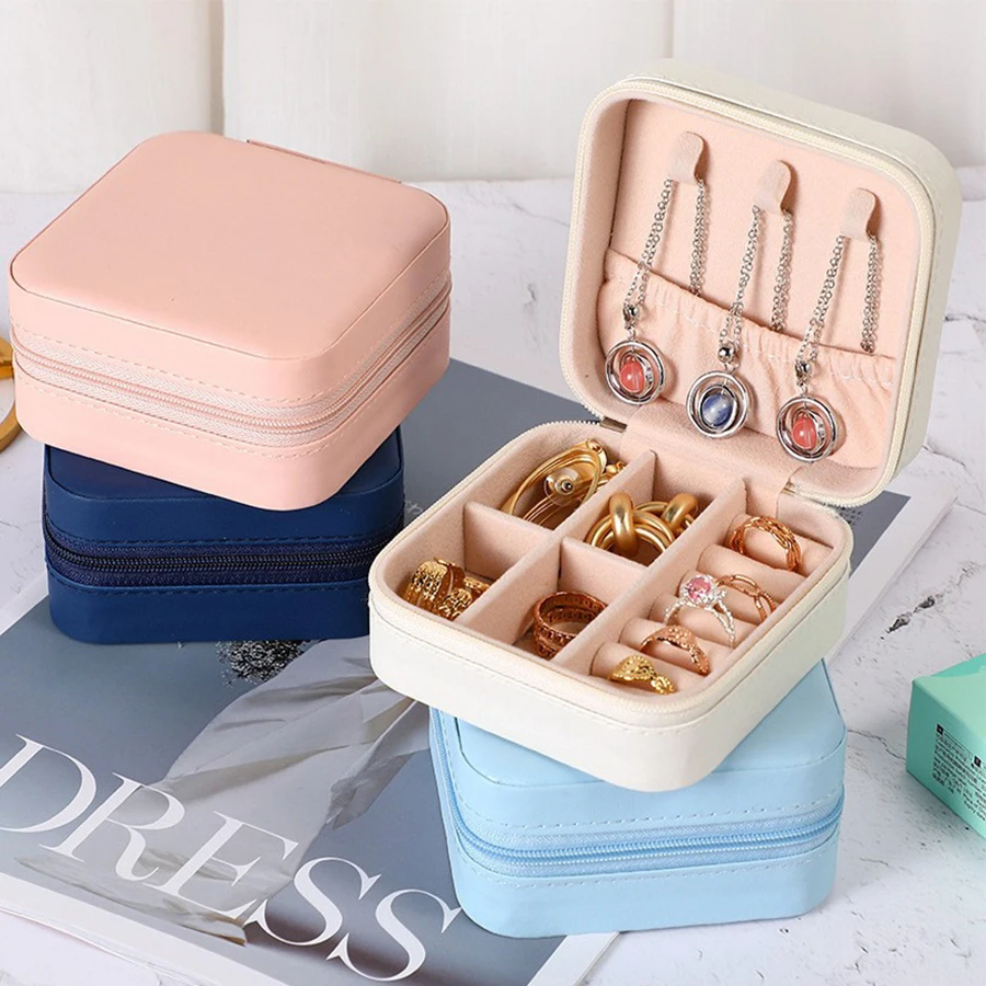 

1PCS Jewelry Storage Box Portable Travel Earrings Necklace Protective Cover Women's Ring Leather Display Boxs Zipper Jewelry Box