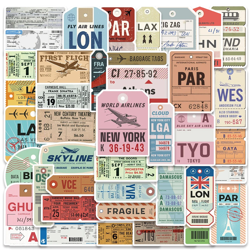

40pcs Retro Paper Boarding Pass Stickers Vintage Vinyl Waterproof Decals For Laptop Luggage Scrapbook Water Bottle Diary Sticker