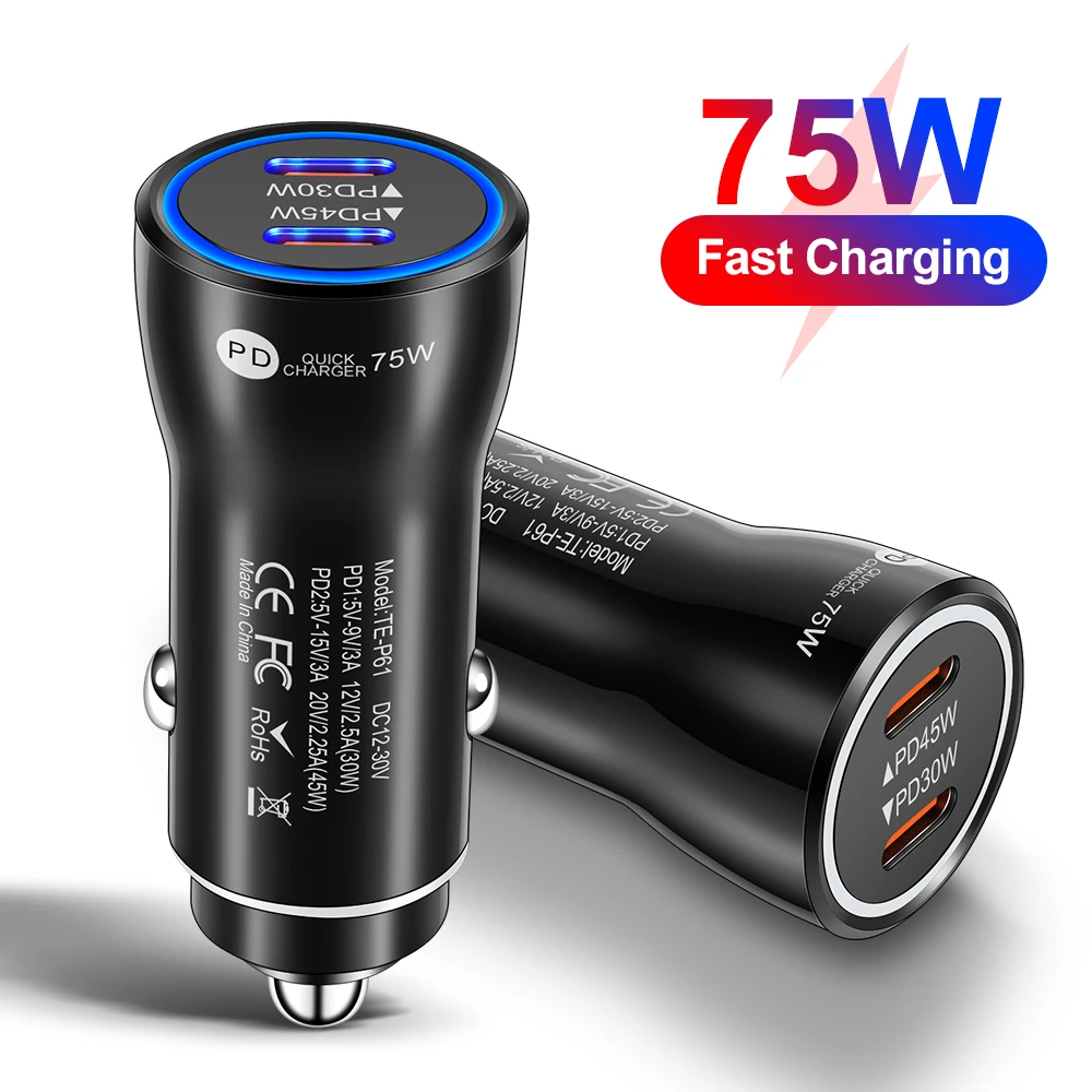 Chargeur de voiture USB C 75W, 2 ports, avec PD30W PD45W, charge rapide, prise de voiture type-c, adaptateur allume-cigare pour téléphone 1