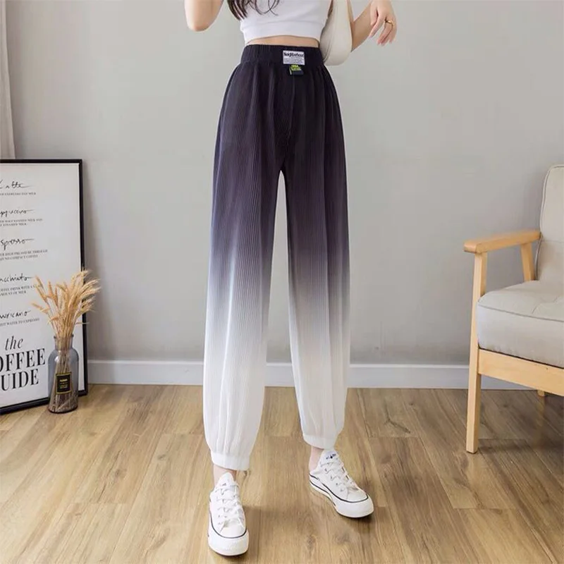 Gradient Color Design Sense Ice Silk Pants Summer New Loose Pit Strip Elastic Waist Fit Labeling Womens Korean Wide Leg Trousers