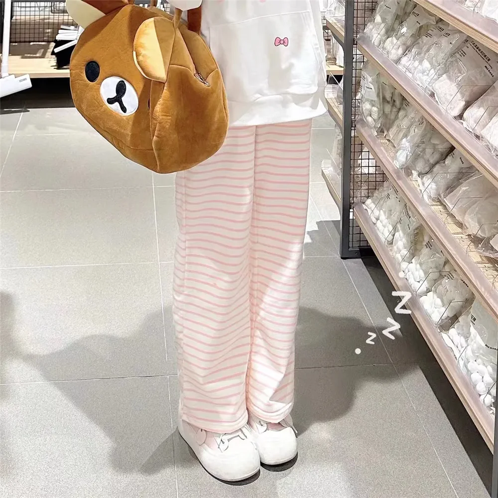 Cute Y2K Striped Pants Women Kawaii Sweet Harajuku Fleece Sports Korean Fashion Sweatpants Girly Basic Cartoon Japanese Trousers 3
