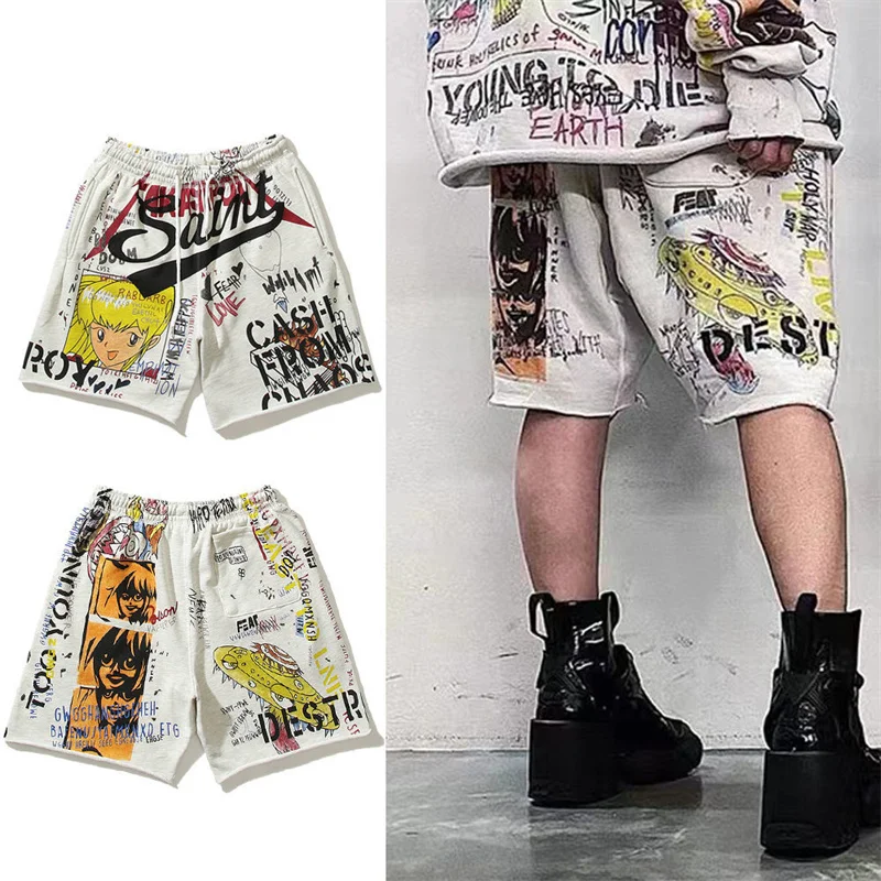 

Saint Comics Cartoon Graffiti Hand-Painted Vintage Men's And Women's High-Quality Fabric Casual Shorts