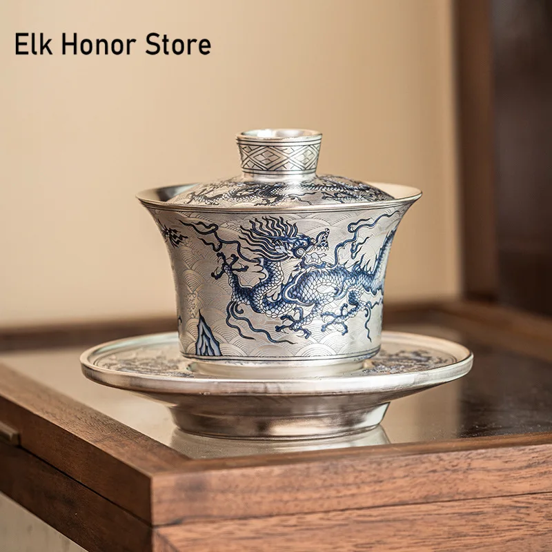 150ml Retro Silver Plated Gaiwan Blue and White Dragon Pattern Tea Tureen Household Tea Making Cover Bowl Items Collection