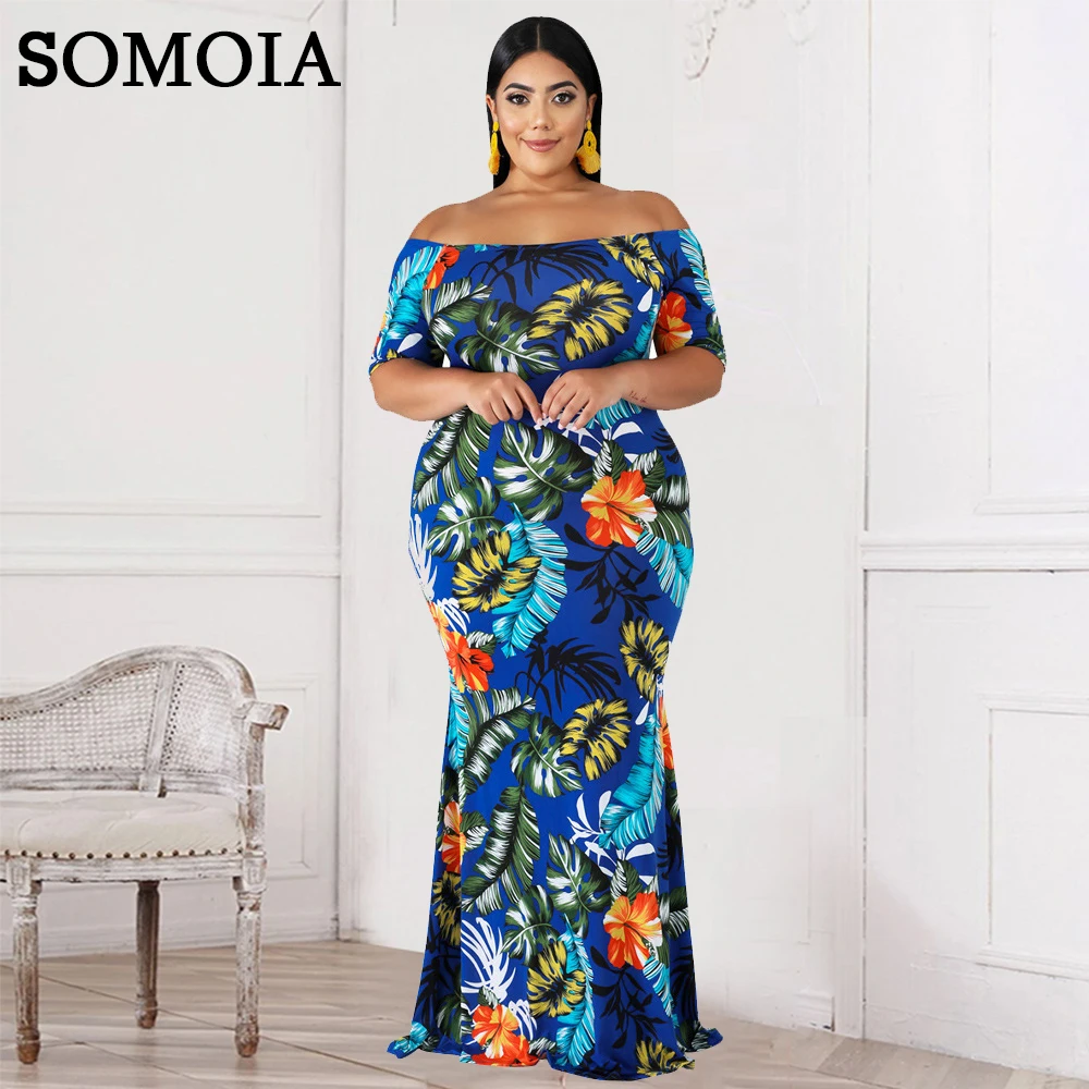 

SOMOIA Plus Size Women Clothing Sexy Tube Top Off Shoulder Floor Length Dress Printed Hawaiian Maxi Dress Wholesale Dropshipping