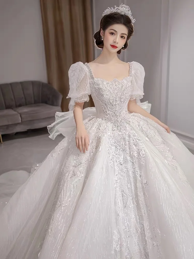 Luxury Wedding Dresses Shiny Big Beading Ball Gown With Long Train Bridal Dress Custom Made  Size Vestido De Noiva Customized 3