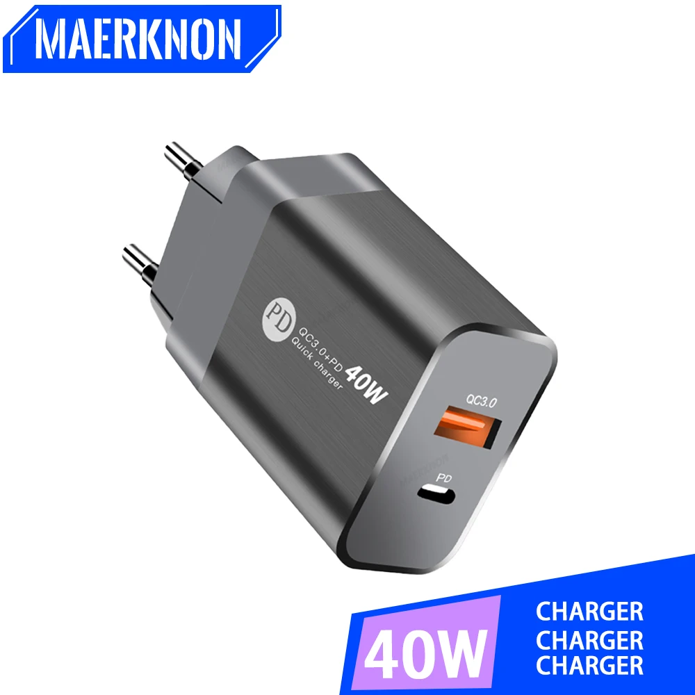 

40W 2 Port USB Charger QC 3.0 Fast Charging Mobile Phone Power Adapter PD Type C Wall Charger For Samsung Xiaomi iPhone 14 13 12