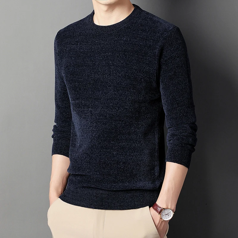 Pullover Clothing Middle Aged And Elderly Solid Color Chenille Sweater Men's Plush Thick Knitted Shirt Round Neck Dad's Outfit