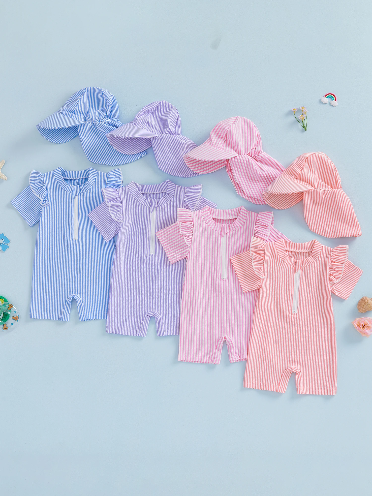 Adorable Infant Girl Swimwear Set with Striped Short Sleeve Rash Guard and Matching Sun Hat - 2 Piece Beach Outfit