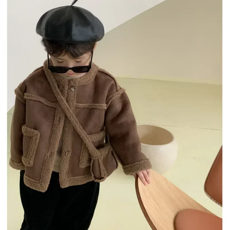 Children Velvet Warm Jackets with Bag Fashion Baby Kids Fleece Outwear Korean Boys Girls Zipper Thickness Suede Coat Winter