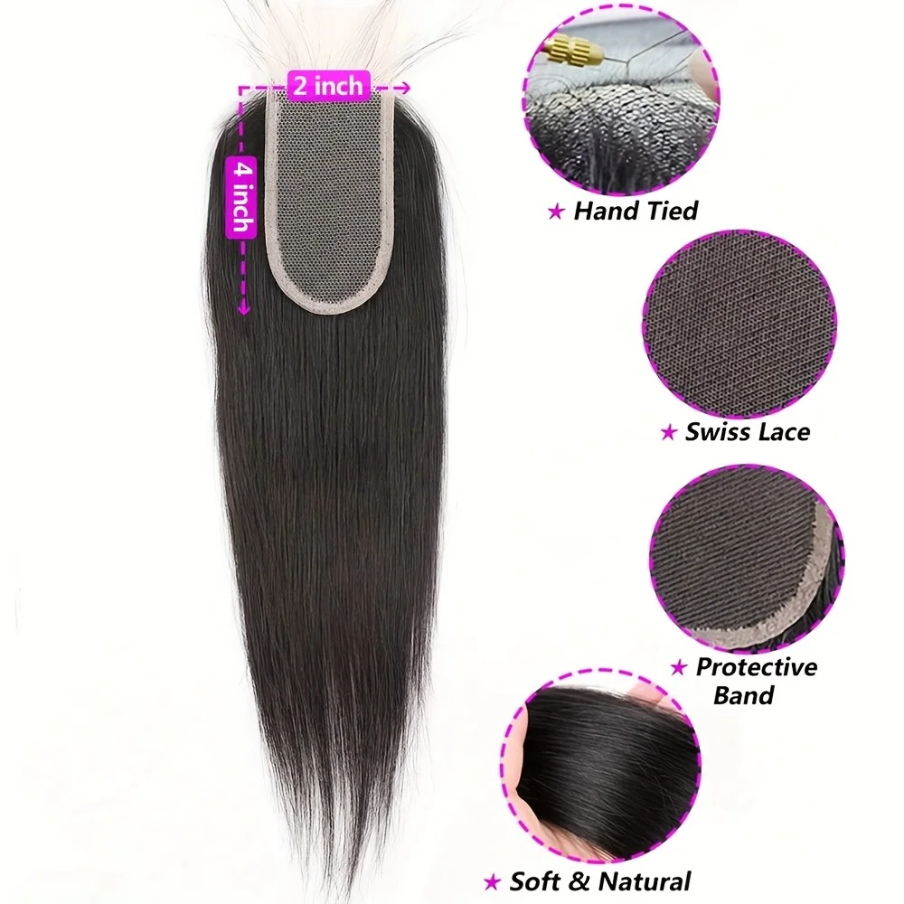 Straight Human Hair Lace Closure 2x4 Hand Tied with Pre-plucked Baby Hairs Middle Part Natural Color for All Women