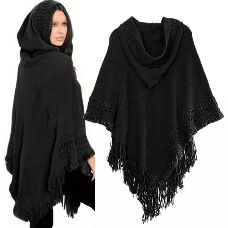 

New Women Ladies Tassel Cape Coat Fringe Poncho Oblique Stripe Coat Bohemian Shawl Scarf