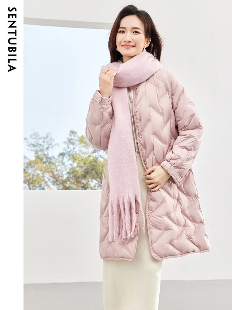 SENTUBILA Women's Winter Mid-Length Down Jacket 90 White Duck Down Coats 2023 Stand Collar Classic Warm Puffer Jackets W34Y49562