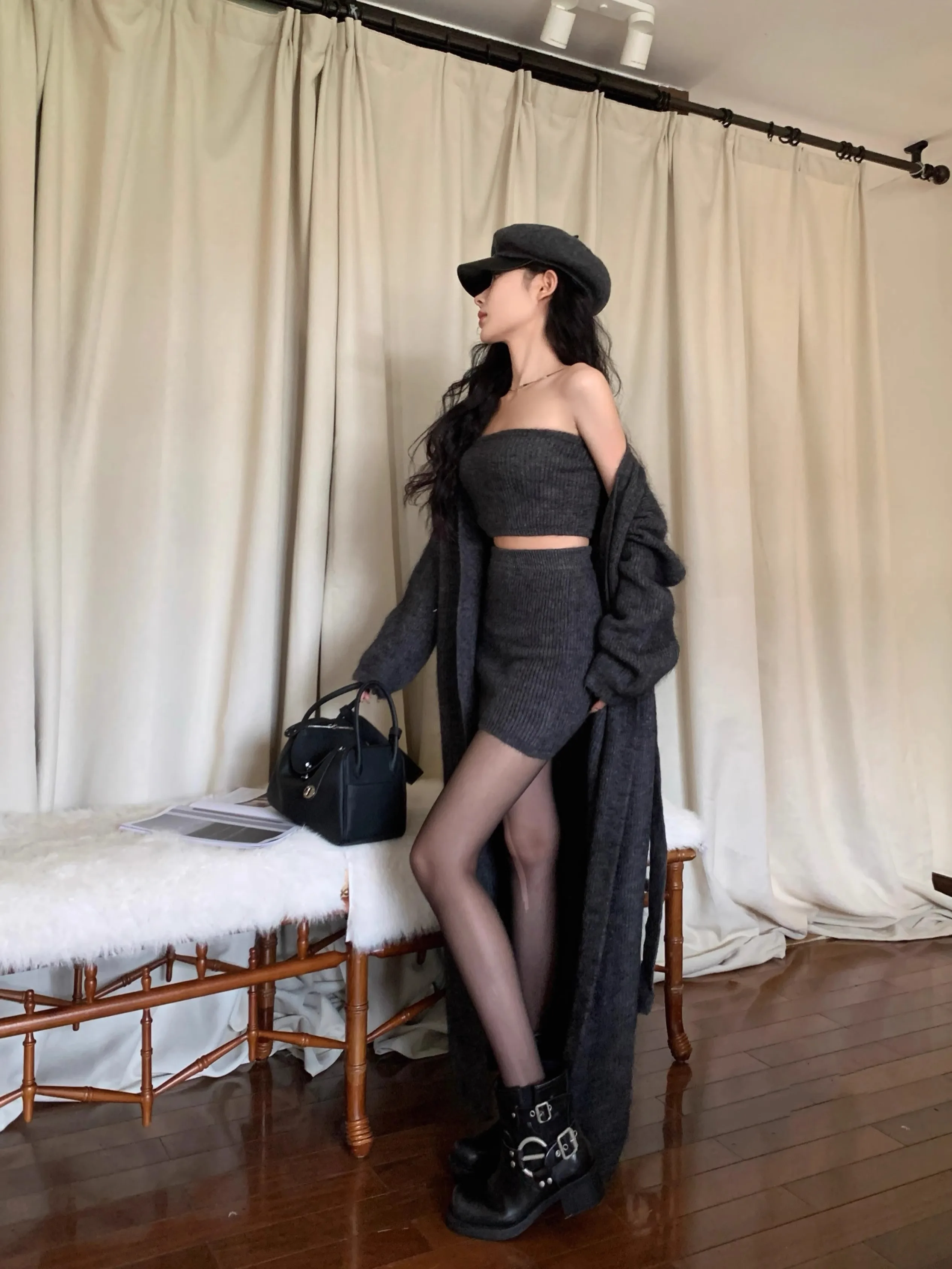 Autumn Winter New Knitted 3-piece Skirt Set Women Solid Long Cardigan Strapless Crop Top Mini Skirt Y2K Korean Chic Knitwear New