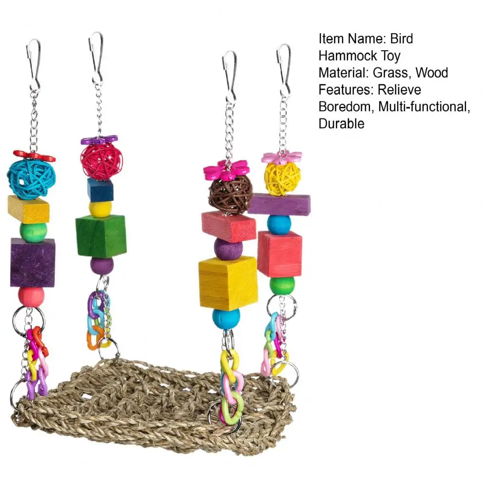 1Pc Bird Hammock Durable Wooden Grinding Mouth Chewing Toy Multi-functional Colorful Parrot Swing Climbing Toy Pet Supplies
