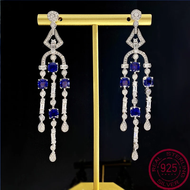 

2023 New Fashion Sapphire Earrings 925 Silver Plated Platinum Women's Tassel Earrings Versatile and Simple Style