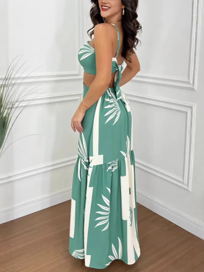 New Fashion Summer Casual Tropical Print Backless Maxi Dresses Sexy Hollow Halter Elegant Lady Vacation Female Long Sundress 3