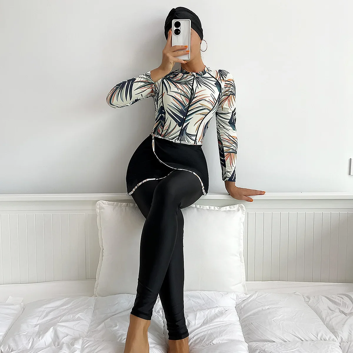 Women Swimwear Muslim Swimwear Burkini Muslim Swimwear Printed Three-Piece Swimsuit Women Long Sleeve Trousers Padded Islamic Beachwear Bathing Suit