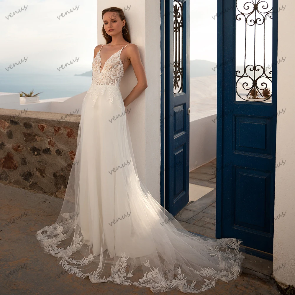 

Modern Wedding Dresses Glamorous Bridal Gowns Lace Appliques Sleeveless Backless Floor Length Robes For Party Vestidos De Novia