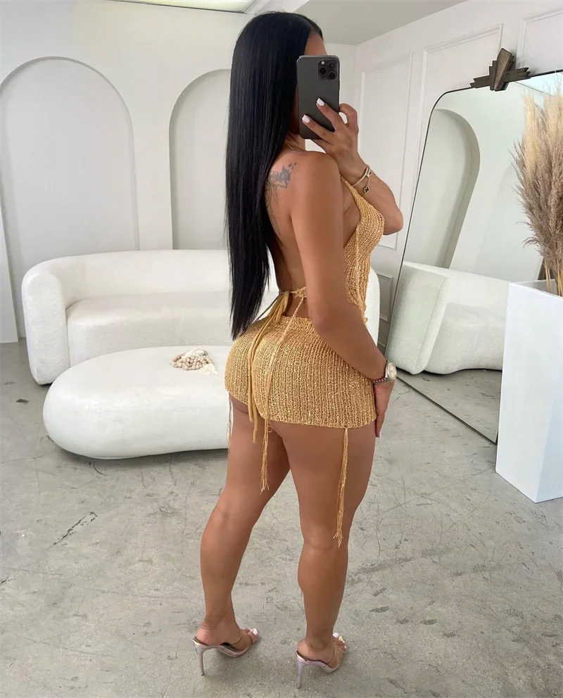 Women Hanging Neck Back Lace-up Tops Irregular Hem Three Piece Sets Sun Protection Headwear Woven Female Suits Sexy Ultra Shorts
