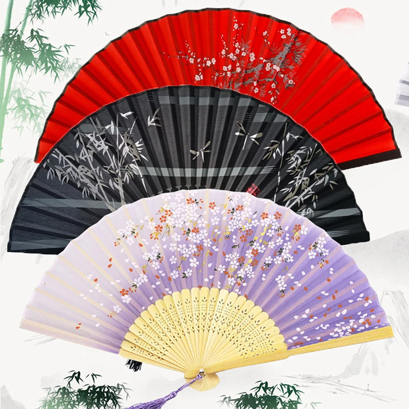 

Vintage Chinese Style Folding Fan bamboo hand fan Wooden Shank Classical Dance Fan with Tassel Elegent Female Fan Home Decor