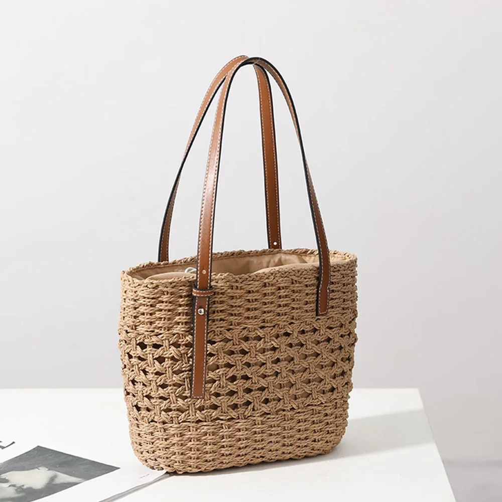 

2023 Summer Handwoven Straw Beach Tote Bags for Women Vintage Hollow Out Handbag Basket Rattan Vacation Shoulder Bag Elegant Bag