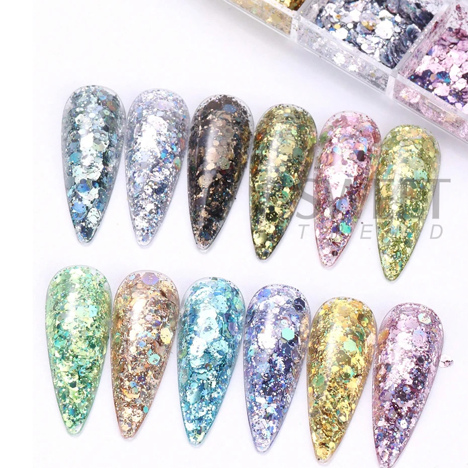 12 Grids Iridescent Nail Art Sequins Laser Mirror Hexagon Glitter Flake Paillette Holographic Spangles DIY Manicure Decor Slices