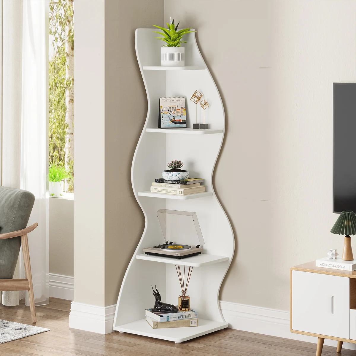 Tribesigns Modern 5-Tier Wall Corner Bookshelf, Stylish Corner Small Bookcase Storage Rack Plant Stand with Unique