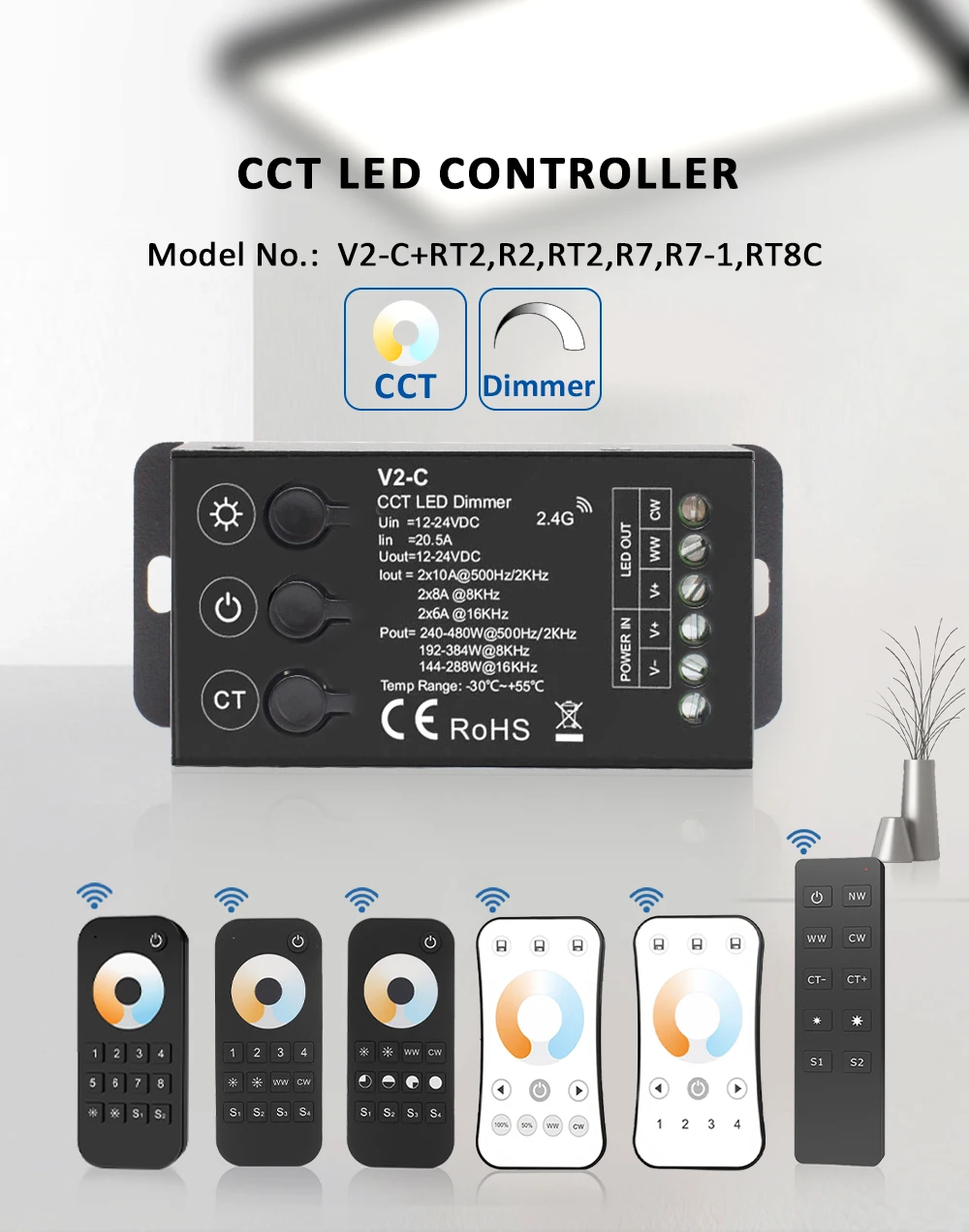 V2-C cct led controller 12v 24 v 2ch dual weiße farbe 5050 2835 cob led streifen licht 2,4g rf wireless 12 24 volt dimmer controler – Detail 3