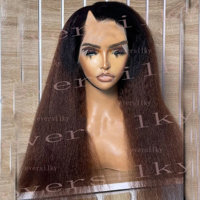 매혹적인 변신: 옴브레 초콜릿 다크 브라운 킨키 스트레이트 가발로 우아한 매력을 선보이세요