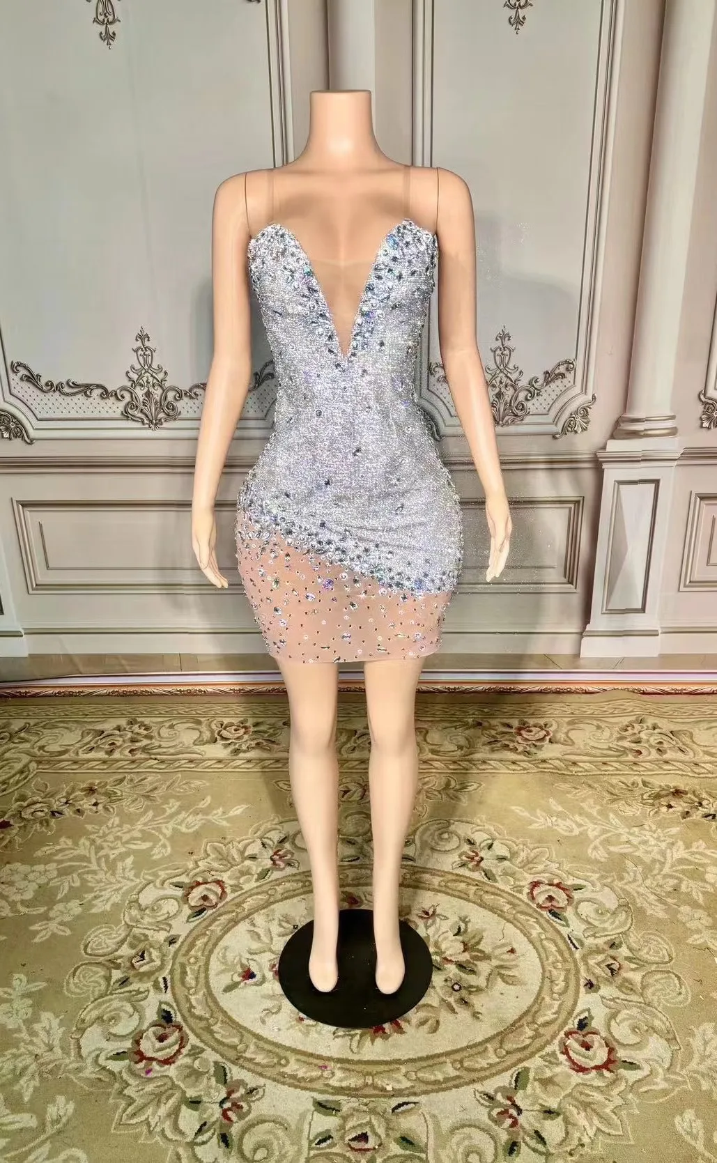 

Silvery Sparkling Luxury Rhinestone Sexy Dress Birthday Evening Party Performance Costume Bar Nightclub Singer Dancer Stage Wear