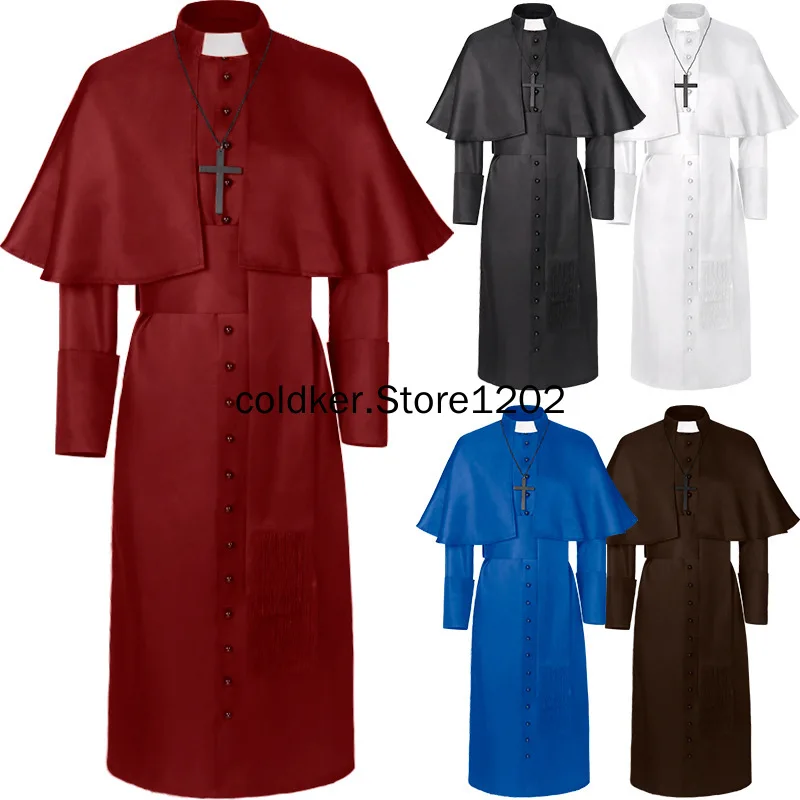 

Medieval Adult Horror Wizard Cloak Cape Halloween Cosplay Costume Priest Monk Church Solid Color Robe Cloak Costume with Cross
