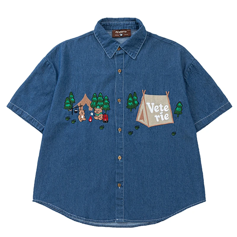

Vintage Embroidery Cartoon Denim Shirt Mens Summer Casual Loose Lapel Streetwear Cotton Short Sleeve Shirts Men Clothing Tee Top