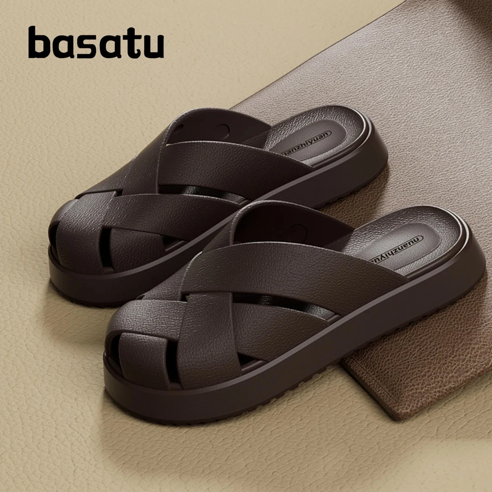 BASATU Men Summer Anti-slip EVA Closed-Toes Slippers Soft Outdoor Baotou Sandals Couple Unisex Home Indoor House Shoes Footwear