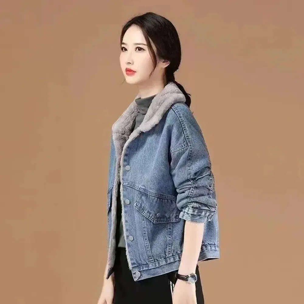

Women Jeans Jacket Casual Single-breasted Winter Streetwear Plus Velvet Warm Embroidery Short Denim Coat Women Versatile Jackets