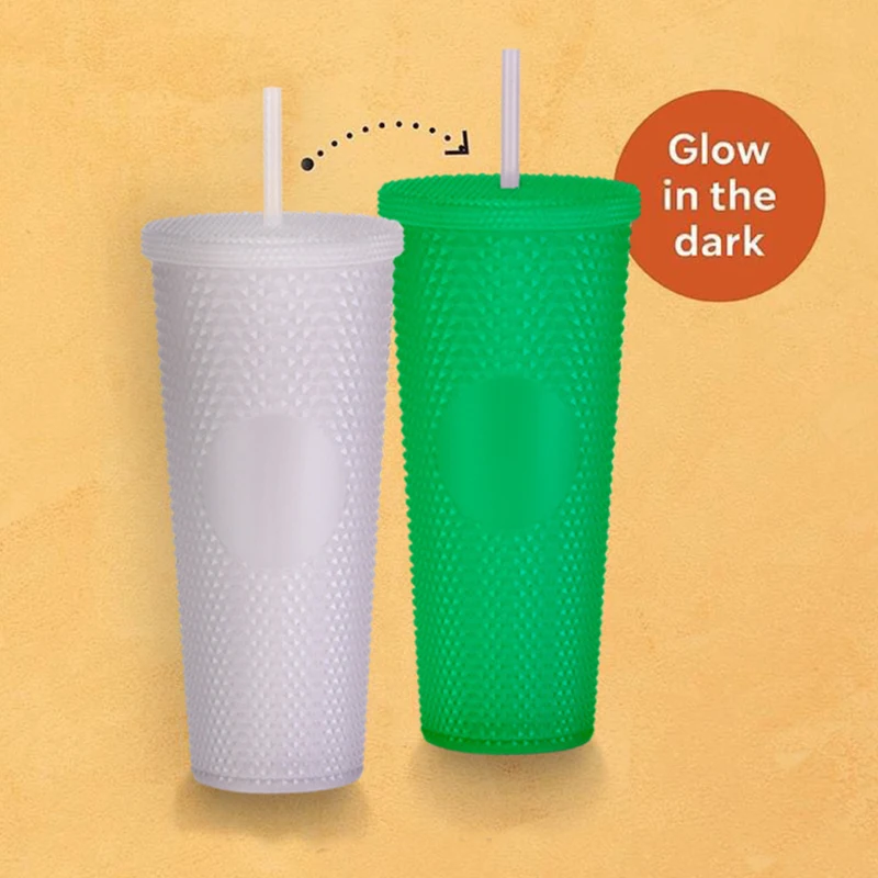 24Oz Matte Glow Inlaid Cup Plastic Coffee Cups With Straw Lids Double Wall Gradient Durian Cup Large Capacity Drinking Cup