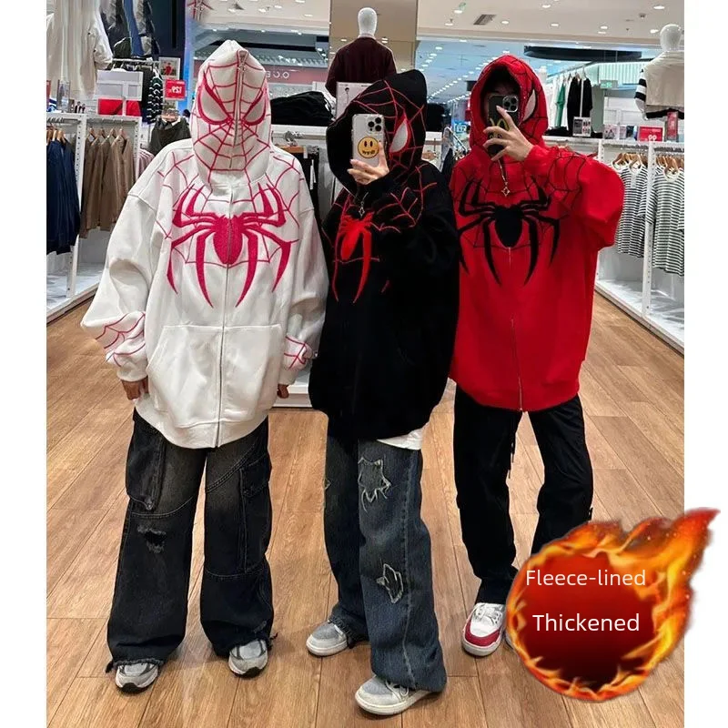 Instrendy Brand American Style Spiderman Hooded Sweatshirt Jacket For Men Women 2023 Autumn Winter Fleece-lined Versatile 3