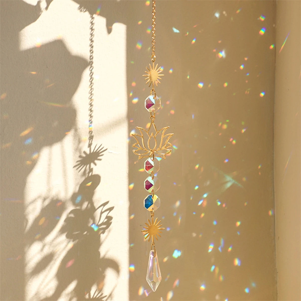 1Pc Golden Lotus Sun Catcher Pendant Colorful Water Drop Crystal Festival Wedding Party Decoration Pendant Gardening Craftings