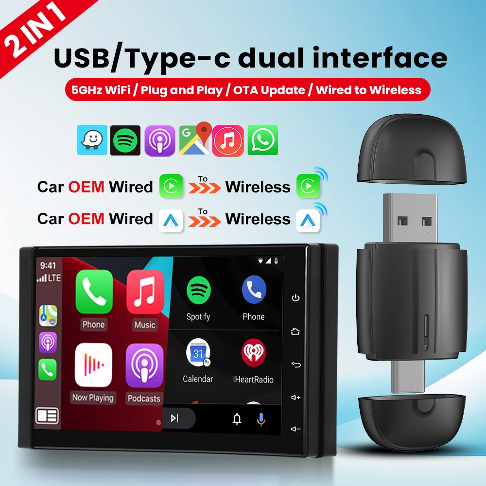 CarPlay Wired to Wireless Android Auto Adapter 2 In 1 For Audi Benz ...