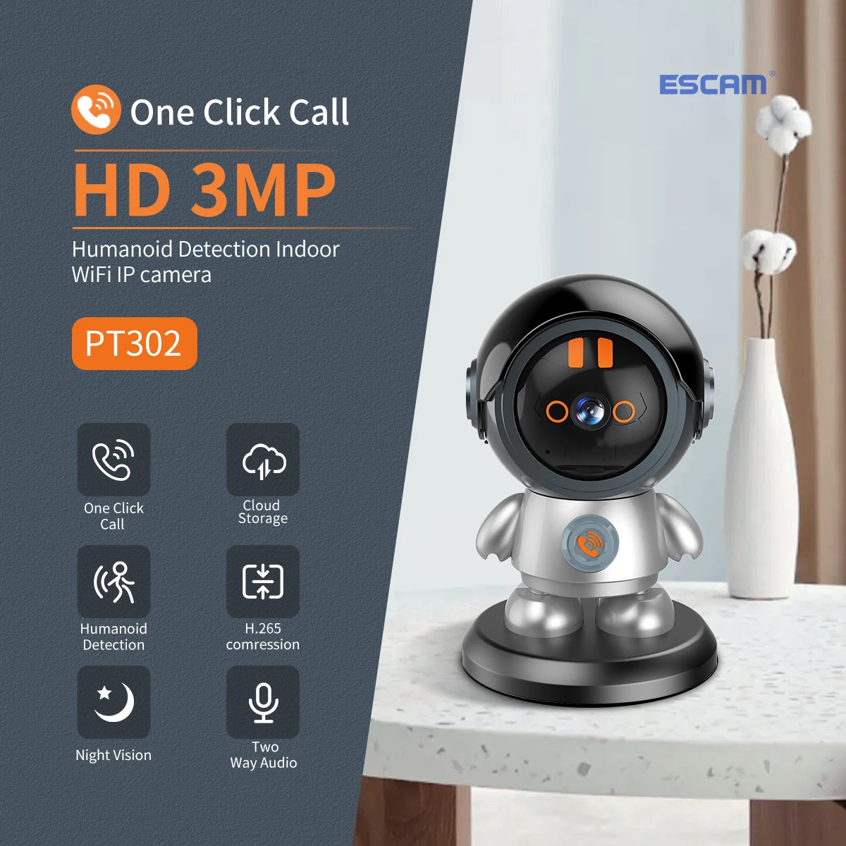 

ESCAM PT302 3MP 1296P iCam365 APP One Key Call Robotman IP Camera AI Humanoid Detection Home Security CCTV Baby Monitor