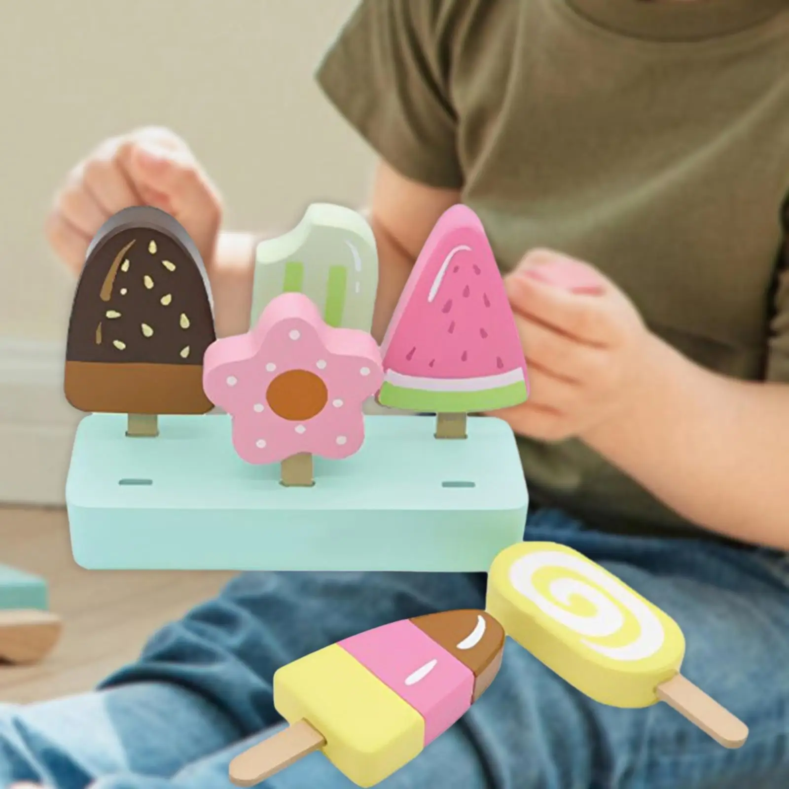 

Wooden Ice Cream Set Pretend Toy Learning Toy with Wooden Popsicle Montessori Popsicle Toy Simulation Ice Cream for Preschool