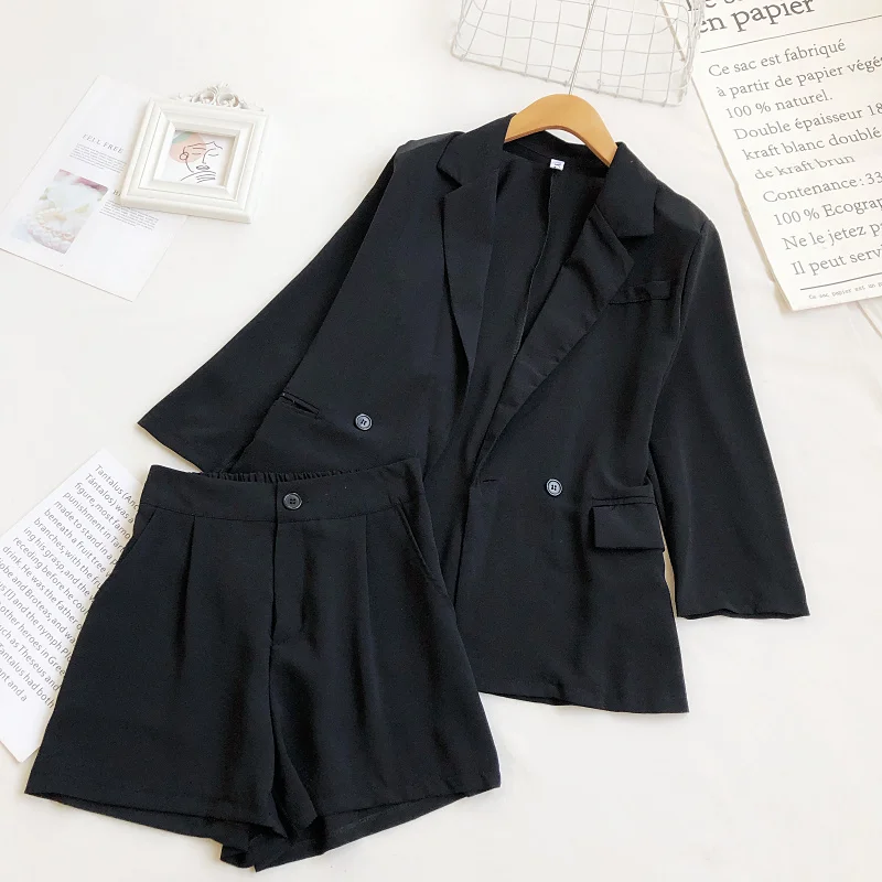 OUMEA Women Sets Korean Stye Office Lady Coat+Wide Leg Opening Shorts High Waist Solid Color Two Piece Basic Set With Buttons