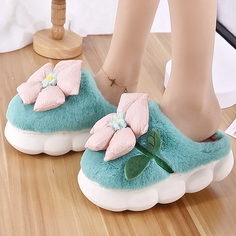 Big Flower Platform Slippers Women's Autumn Mules Shoes Woman Fur