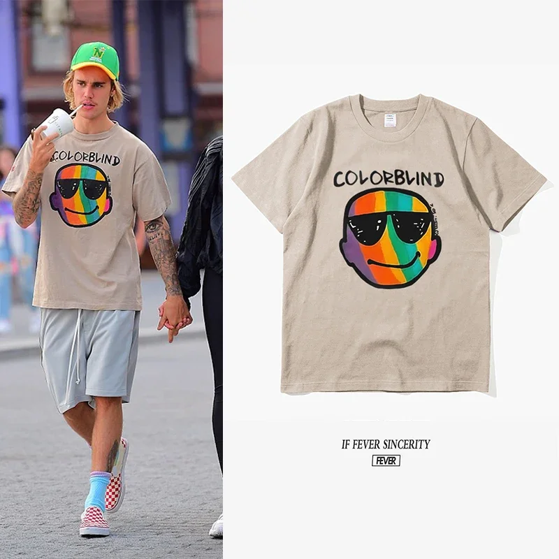 

2024 New Street Short-sleeved T-shirt Men Women All-match Bottoming shirt Trend Justin Bieber The Same Pure Cotton Top