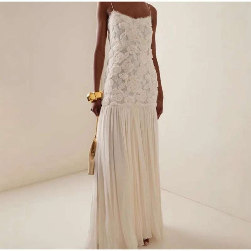 Elegant 3D Floral White Long Dress Women Patchwork Backless Pleated Party Evening Dresses Female 2025 Summer Lady A-line Robes