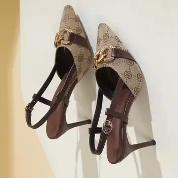 2025 Women's Fashion Baotou Sandals Spring New Pointed Head Shallow Mouth Metal Buckle Anti-slip Wear-resistant High Heels 1